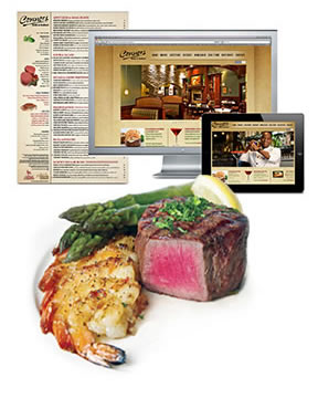 Branding, website design, menu design, food photography, advertising, event displays, SEO, signage for Connors Steak & Seafood (each location averages $5m in annual sales).