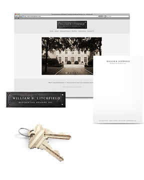 Startup marketing package for William B. Litchfield Residential Designs, including architectural photography, web design, logo design, letterhead design and a press release.