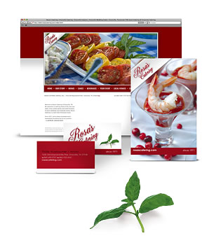 Marketing package for Rosa's Catering, including rebranding, web design, SEO, food photography, advertisement design and catering brochure. Website is #1 on search engines.
